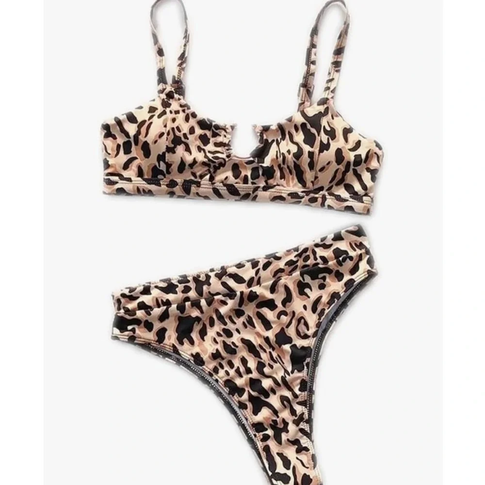 EJSOYO Leopard Print High Waisted Bikini Set Tan Brown XL New With Tags